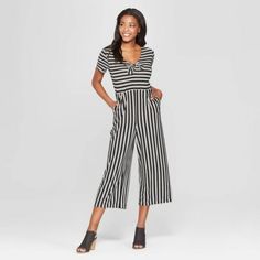 Women's Striped Short Sleeve Tie Front Knit Jumpsuit - Xhilaration Black/White S With Pockets Casual Striped Jumpsuits And Rompers For Day Out, Casual Striped Jumpsuits And Rompers For Loungewear, Casual Striped V-neck Jumpsuits And Rompers, Casual Striped Fitted Jumpsuits And Rompers, Casual Fitted Striped Jumpsuits And Rompers, Formal Romper, Jumper Shorts, Boho Jumpsuit, Red Romper