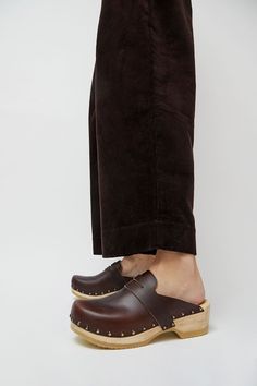 No.6 Charlotte Studded Clog on Low Base in Oxblood Flat Heel Clogs With Rubber Sole For Workwear, Brown Closed Toe Clogs With Studded Outsoles, Classic Almond Toe Clogs For Workwear, Classic Workwear Clogs With Almond Toe, Workwear Clogs With Almond Toe And Rubber Sole, Casual Brown Clogs With Studded Rubber Outsoles, Slip-on Clogs With Stitched Sole For Work, Workwear Slip-on Clogs With Stitched Sole, Closed Toe Clogs With Stitched Sole For Work