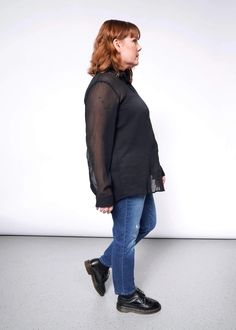 Stand out from the crowd with The Empower Sheer Long Sleeve Button-Up from Wildfang. Perfect for those who love to blend elegance with edgy fashion! 🌸 Sheer Button-up Workwear Tops, Sheer Black Button Up, Fitted Sheer Button-up Blouse, Sheer Fitted Button-up Shirt, Black Sheer Sleeves Button-up Blouse, Gender Neutral Clothes, Sheer Long Sleeve, Sheer Top, Drawstring Pants