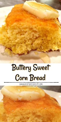 two pictures of corn bread with butter on top and the bottom one has a bite taken out of it