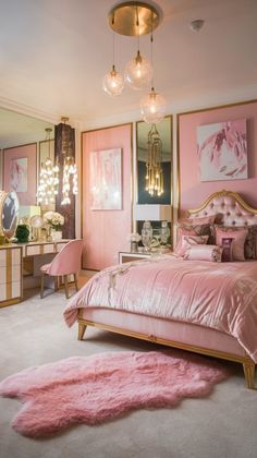 a bedroom decorated in pink and gold, with chandeliers hanging from the ceiling