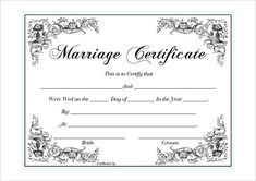 a marriage certificate is shown in black and white with an ornate border on the front