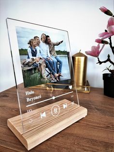 a wooden stand with an image on it