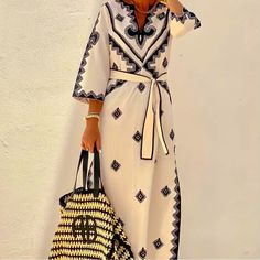 V-Neck / Casual / Dress / Half Sleeve / Black & Beige / Cream / L Lounge Outfit, Vacation Wear, Belted Midi Dress, Linen Style, Ethnic Print, Vestido Casual, Fit Style, Aaliyah, Bohemian Dress