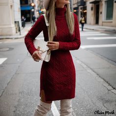 Olivia Mark - High-neck Slim-fit Long Thermal Sweater Dress Elegant Winter Dresses, Long Sleeve Turtle Neck Dress, Loose Knit Dress, Long Sleeve Turtleneck Dress, Sweater Dress Casual, Split Hem Dress, Turtleneck Sweater Dress, Long Sleeve Sweater Dress, Sweater Dress Women