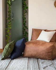 a brown chair sitting on top of a rug next to a green door and some pillows