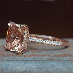 Solitaire Morganite Engagement Ring - 9x11mm Rectangular Cushion "Beverly" Ring by Laurie Sarah - LS Radiant Cut Morganite Wedding Jewelry, Formal Cushion Cut Morganite Jewelry, Fine Jewelry With Gemstone Accents Rectangular Shape, Fine Jewelry With Rectangular Gemstone Accents, Rectangular Rose Gold Cubic Zirconia Jewelry, Wedding Rings With Radiant Cut Gemstone, Radiant Cut Jewelry With Accent Stones For Gifts, Morganite Ring With Diamond Accents, Diamond Ring With Rectangular Gemstone