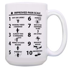 a white coffee mug with instructions on how to improve pain scale