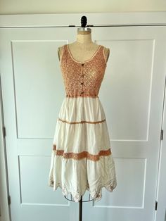 "Vintage paneled bohemian crochet summer dress with embroidered floral trim hem and adjustable waist. This is a super cute dress for a summer lunch or dinner and is in excellent vintage condition B: 33\" W: 24\" to 28\" L: 47\"" Crochet Summer Dress, Crochet Bohemian, Floral Lace Maxi Dress, Bohemian Crochet, Crochet Summer Dresses, Crochet Short, Summer Lunch, Striped Long Sleeve Tee, Crochet Summer