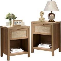 two nightstands with one side open and the other closed