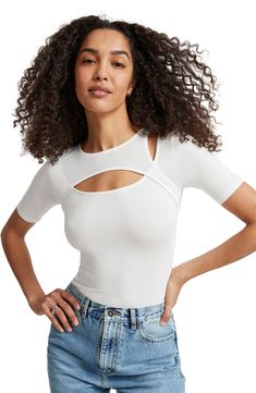 Fall for the layered look of this close-fitting top centered with an eye-catching front cutout. Crewneck Short sleeves 96% Tencel® lyocell, 4% elastane with 95% viscose, 5% elastane contrast Tencel lyocell is a more-sustainably produced fiber made with closed-loop processing Machine wash, line dry Imported Elastane Cutout Tops For Night Out, Cutout Tops For Night Out, Night Out Cutout Tops, Chic Cutout Tops In Elastane, Casual Stretch Tops With Cutout Details, Casual Stretch Cutout Tops, Modern Seamless Tops For Spring, Fitted White Cutout Tops, Modern Tops For Night Out