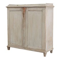 an old wooden cabinet with two doors on the front and one door open, against a white background