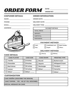 the order form for a cake is shown