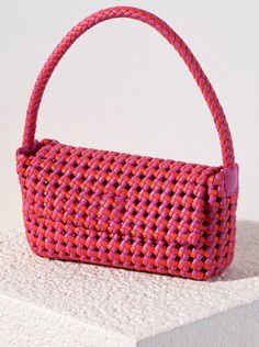 Shiraleah Monroe Shoulder Bag, Pink Pink Woven Crossbody Shoulder Bag, Trendy Woven Pouch Shoulder Bag, Trendy Woven Clutch Shoulder Bag, Summer Woven Leather Crochet Pouch Bag, Trendy Woven Top Handle Shoulder Bag, Multicolor Rectangular Baguette Bag For Everyday Use, Rectangular Shoulder Bag With Intrecciato Weave For Vacation, Everyday Multicolor Rectangular Baguette Bag, Pink Shoulder Bag With Detachable Strap For Summer