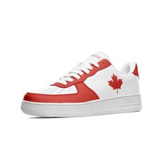 "Extremely comfortable custom leather Canada sneakers with design on both sides, Canada red accents, and Canada text on the tongues - Perfect shoes to match your jersey on gameday. These are awesome for any Canada soccer fan! .: Made of leather .: Great quality! .: 3-13.5 US sizes .: Non-marking rubber outsole for traction and durability .: Perforated toe box provides breathability. .: Comfort and impact protection. I Can Ship Worldwide! ** Please allow 1-3 weeks for delivery  Note that sizes are listed in / suitable for both men and women (see pictures for size chart). Refer to the \"insole length\" column for the most accurate fit. Canada Shoes for Men & Women | Custom Leather Canadian Maple Leaf Sneakers" Casual Sneakers With Red Sole For Sports Events, Casual University Red Basketball Shoes For Sports, Red Sneakers With Rubber Sole For Sports, Sneakers With Red Sole For Sports Events, Red Sneakers With Rubber Sole For Sports Events, Round Toe Sneakers With Red Sole For Sports, Round Toe Sneakers With Red Sole For Sports Events, Sports Sneakers With Red Sole And Round Toe, Custom Leather Low-top Sneakers For Sports Events