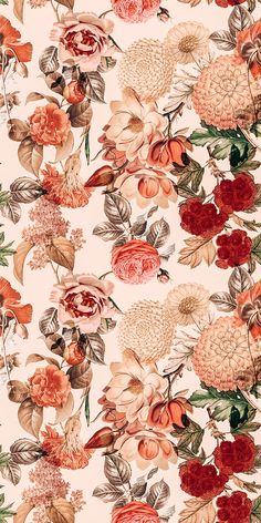 a floral wallpaper with many different types of flowers and leaves on the side of it