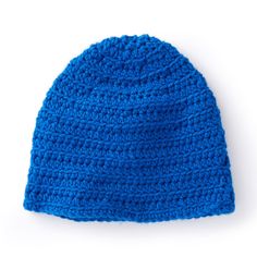 a blue crocheted hat on a white background