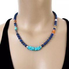 Bohemian Lapis Lazuli Beaded Necklace With Gemstones, Adjustable Bohemian Lapis Lazuli Beaded Necklace, Lapis Lazuli Faceted Bead Necklaces, Multicolor Lapis Lazuli Gemstone Beaded Necklaces, Bohemian Lapis Lazuli Hand-strung Necklaces, Sundance Style, Orange Carnelian, Lapis Lazuli Necklace, American Turquoise