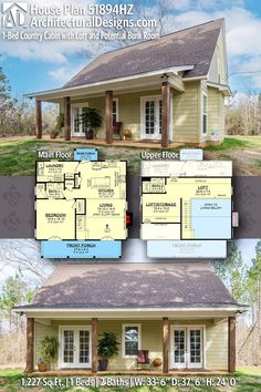 two story house plans with open floor plan and covered front porch, shown in three different views