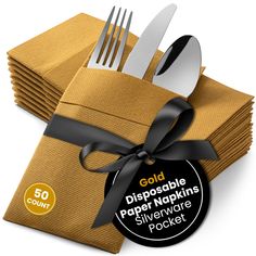 gold disposable paper napkins giveaway pocket with black ribbon and fork