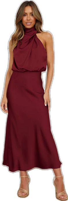 Formal Satin Halter Neck Midi Dress, Elegant High Neck Satin Dress, Elegant Satin High Neck Dress, Elegant Plain A-line Maxi Dress, Elegant Satin Dress With High Neck, High Neck Satin Dress For Date Night, Satin High Neck Dress For Date Night, Elegant High Neck Sleeveless Dress For Evening, Chic Solid Color Sleeveless Satin Dress