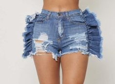 Sexy ruffle shorts with pockets and also distressed! Material- 98% cotton 2% spandex Ruffled Denim Shorts, Flirty Fitted Ruffle Shorts, Flirty Mini Shorts With Ruffles, Blue High-waist Shorts With Ruffles, Flirty Ruffled Mini Shorts, Silver Gown, Hot Iron, Wool Flannel, Ruffle Shorts