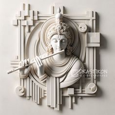 a white sculpture with a flute in it's mouth, surrounded by geometric shapes