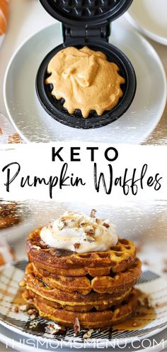 pumpkin waffles are stacked on top of each other and topped with whipped cream