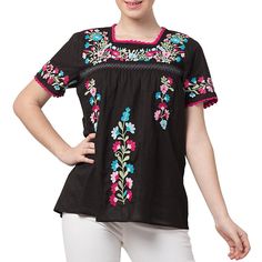 Mexican Lifestyle, Deep Colors, Embroidered Blouse, Embroidered Top, Hip Length, Black Blouse, Autumn Summer, Blue Purple, Contrasting Colors