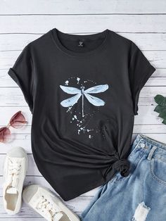 Plus Size Dragonfly Print Short Sleeve T-Shirt For Vacation & Leisure Graphic Tees Women Tops Black Casual  Short Sleeve Knitted Fabric Animal,Geometric,Butterfly  Medium Stretch Summer Women Plus Clothing, size features are:Bust: ,Length: ,Sleeve Length: Geometric Butterfly, Animal Geometric, Dragonfly Print, Dragonfly Prints, Long Sleeve Tops Casual, Graphic Tees Women, Plus Size T Shirts, Black Casual, Plus Size Tops