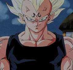 an animated image of gohan with his eyes closed and one hand on his chest