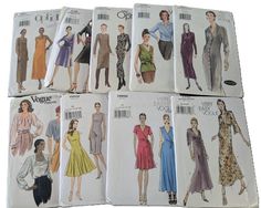 six different styles of women's dresses and jackets in four rows, with the same pattern