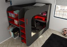 a bunk bed with red shelves underneath it