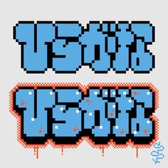 an old school pixel art style font with blue and red letters that spell out the word