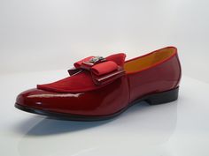 Style: 525-210N-Red Exquisite combination of Patent Leather & Suede accent this slip-on Dress Loafer from Carrucci, featuring Grosgrain Bow with Rhinestone flower detailing, Grosgrain Piping, and a clean welt! Luxury Classic Loafers With Red Sole, Luxury Patent Leather Casual Loafers, Luxury Modern Loafers With Removable Insole, Red Patent Leather Luxury Loafers, Luxury Red Slip-on Loafers, Luxury Loafers With Red Sole For Galas, Luxury Loafers With Red Sole For Office, Luxury Red Patent Leather Loafers, Luxury Slip-on Timeless Dress Shoes