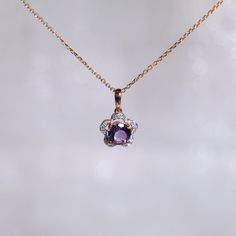 14K Gold Amethyst Halo Diamond Flower Pendant, 5mm Natural Amethyst Flower Necklace, Perfect Purple stone necklace for her, she will like it. Make to order * Metal: 14K * Custom Colors: Rose Gold, Yellow Gold, White Gold * Main Stone: Amethyst, Round Shape, 1pcs * Side Stone: Diamonds, 15 pcs, 0.04 ct. * Metal: 925S * Custom Color: Gold Vermeil in 18K Rose Gold/ 18K Yellow Gold, Sterling Silver * Main Stone: Amethyst, Round Shape, 1pcs * Side Stone: Cubic Zirconia, 15 pcs, 0.04 ct. * Pendant Siz Luxury Amethyst Birthstone Necklace, Elegant Lavender Flower Shaped Jewelry, Elegant Purple Birthstone Gemstones, Purple Amethyst Necklace With Prong Setting, Purple Gemstone Flower Pendant Necklace, Elegant Flower Shaped Amethyst Jewelry, Purple Sterling Silver Flower-shaped Jewelry, Fine Jewelry Rose Gold Amethyst Necklaces, Fine Jewelry Rose Gold Amethyst Necklace