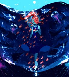 the little mermaid is standing in front of an ocean wave with stars and fish around her