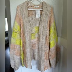 Nwt. Gorgeous Neutral Cardigan With Pops Of Neon Yellow Soft Knit Sweater For Spring, Spring Yellow Soft Knit Sweater, Oversized Yellow Knit Cardigan, Yellow Knitted Cardigan For Spring, Spring Yellow Knitted Cardigan, Oversized Yellow Winter Cardigan, Oversized Yellow Cardigan For Winter, Oversized Yellow Sweater For Spring, Yellow Knitted Outerwear For Spring