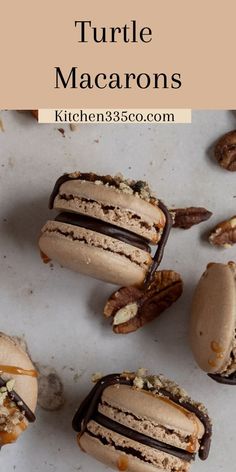 some kind of desert with chocolate and nuts on the top, next to it is text that reads turtle macarons