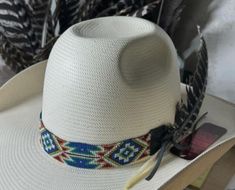 White Southwestern Short Brim Hat, Casual White Hat Bands For Festivals, Casual Beaded Hat Bands For Festivals, White Southwestern Adjustable Hat, Southwestern White Adjustable Hat, Adjustable White Southwestern Hat, Traditional Multicolor Hat Bands For Summer, White Beaded Hat Bands For Summer, White Southwestern Fedora Hat Bands