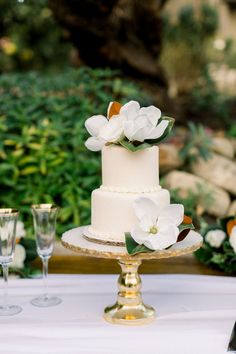 a wedding cake with white flowers on top and wine glasses next to it, in front of greenery