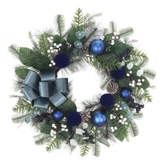 a christmas wreath with blue ornaments and greenery