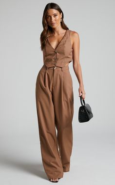 Izara Trousers - Mid Rise Relaxed Straight Leg Tailored Trousers in Mocha | Showpo USA Hoi An Tailor, Brown Jumpsuits, Curated Closet, Cropped Vest, Tailored Trousers, Outfits Casuales, Dress Details, Trousers Women