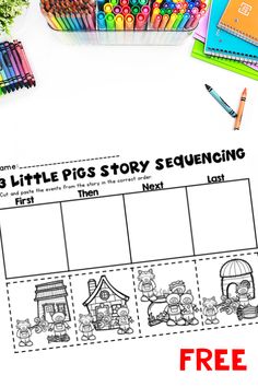 three little pigs story sequenceing worksheet with pencils and crayons