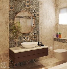 a bathroom with a sink, toilet and bathtub in the middle of it's tiled walls