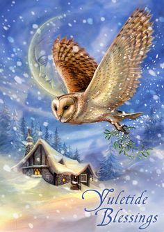 an owl is flying over a snowy village