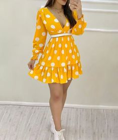 Material: Polyester  Gender: Women  Item Type: Dress  Color: Yellow  Size: S, M, L, XL Casual Long Sleeve Mini Dress For Brunch, Trendy Long Sleeve Brunch Dresses, Casual Long Sleeve V-neck Dress For Spring, Casual V-neck Mini Dress For Party, Casual Mini V-neck Party Dress, Casual Mini V-neck Dress For Parties, Fitted V-neck Mini Dress For Spring, Fitted Mini V-neck Dress For Spring, Mini Length V-neck Dress For Brunch