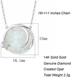 [MATERIALS]: Made with 14k solid white gold and set with genuine white round diamond stones. Made to last a lifetime, strong and durable! All the metals we use are lead free, nickel free and hypoallergenic. [MEANING]: Celestial theme coin design with most loved moon and stars, overlayed with a created white opal disc base brings this star necklace to a next level that would impress everyone at a glance. [MEASUREMENTS]: Disc pendant measures 16.5 X 15 X 3MM. Total Carat Weight: 8 pcs 1mm white di White Round Celestial Jewelry, White Moon Shaped Celestial Jewelry, White Moon-shaped Celestial Jewelry, White Celestial Moon Jewelry, White Celestial Jewelry, White Crescent Diamond Jewelry, White Gold Moon Shaped Cubic Zirconia Jewelry, Celestial White Jewelry With Birthstone, White Round Celestial Necklace