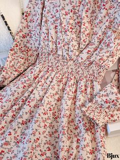 Bjux - Ditsy Floral Print Bowknot Shirred Dress: Vintage Long Sleeve Slim Waist Dress for Women Casual Long Sleeve Ditsy Floral Dress, Casual Beige Ditsy Floral Print Dress, Casual Beige Ditsy Floral Dress, Shirred Dress, Vintage Long Sleeve, Ditsy Floral Print, Ditsy Floral, Waist Dress, Dress Vintage