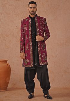 Wine Indo Western Sherwani Set With Dupatta Kalpraag - Fabilicious Fashion Men Kurta Designs Style 2024 Wedding, Men’s Indo Western Outfit, Men Kurta Designs Style 2024, Mehendi Outfits For Men, Patiyala Pant, Wedding Outfits For Men, Indo Western Outfits For Men, Suits For Guys, Indo Western Dress For Men